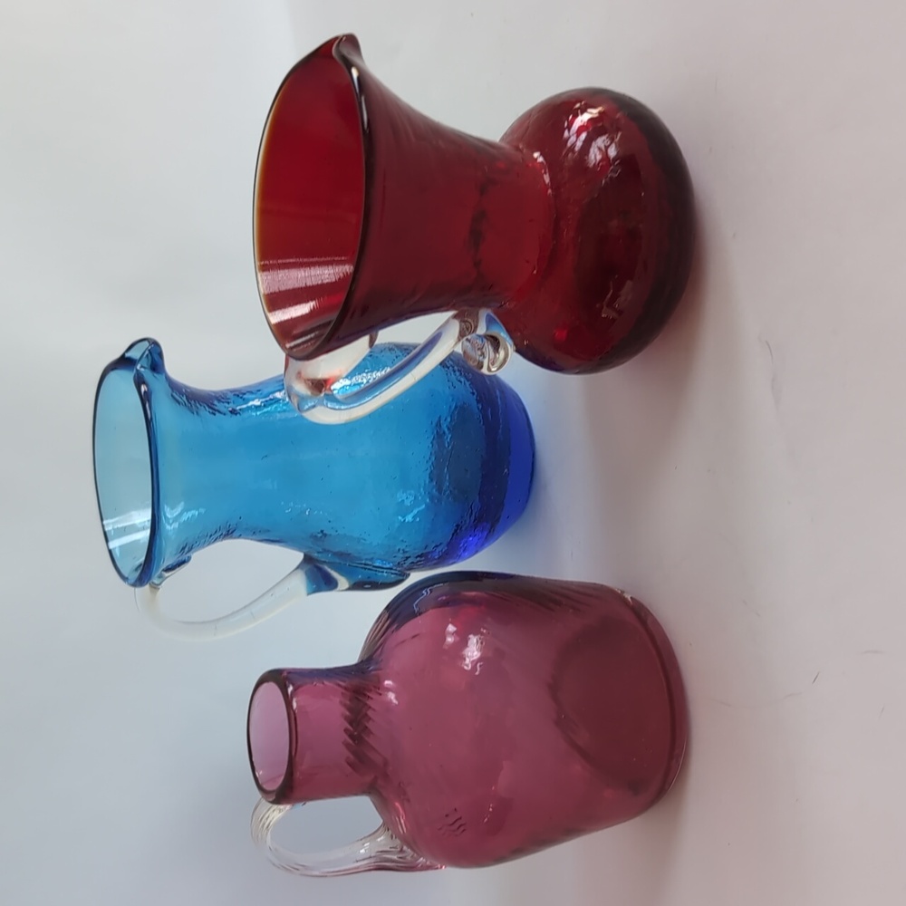 Vtg Glass Pitchers Set of 3 Mini Hand Blown Blue Cranberry Red